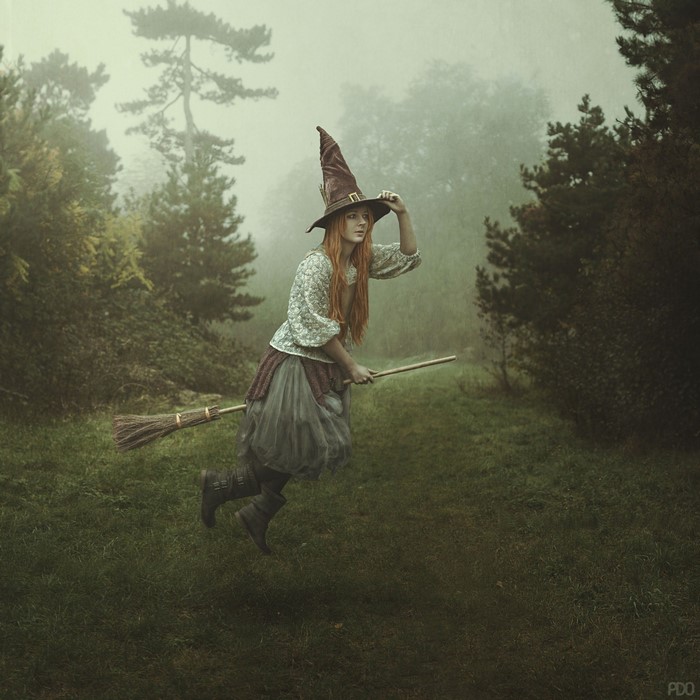 Witch flying on a broomstick in a foggy forest