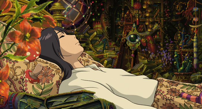 Sophie from Howl's Moving Castle sleeping in a cluttered room