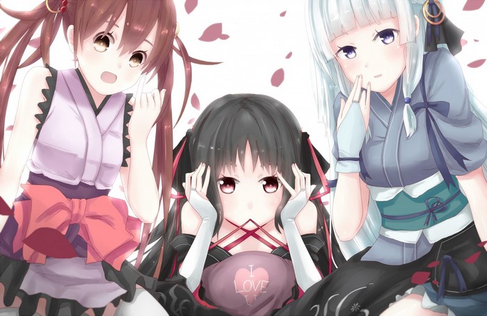 Three anime girls in traditional Japanese clothing