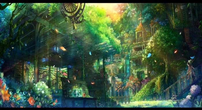 Anime screenshot of a fantasy jungle with buildings