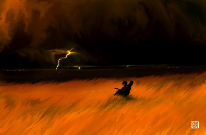 Silhouette of a person playing guitar in a field during a thunderstorm