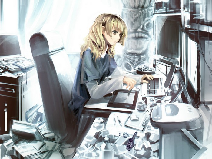 Anime girl working at a cluttered desk