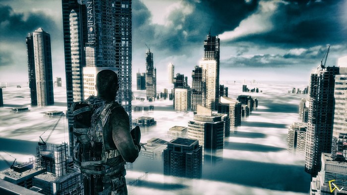 Man overlooking flooded city skyline from Spec Ops: The Line