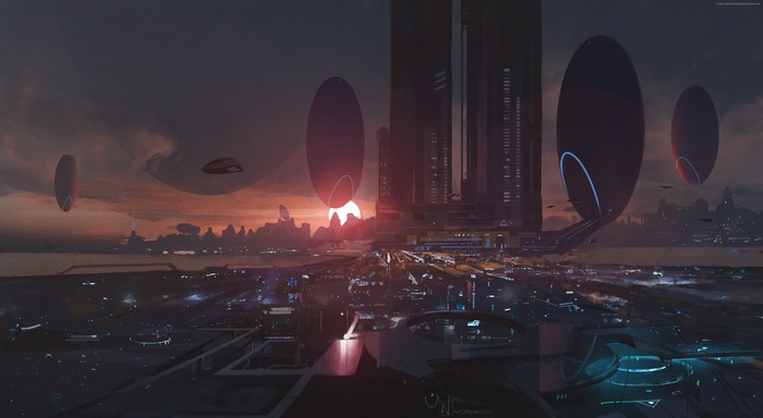 Futuristic Cityscape at Sunset with Flying Objects