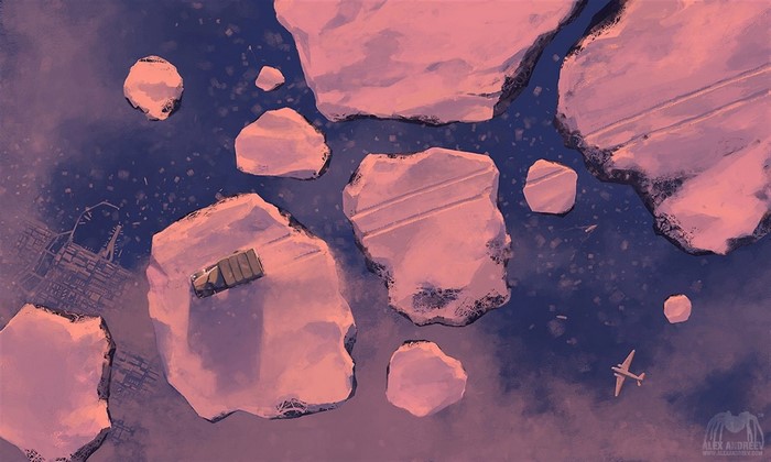Artwork of ice floes and a plane