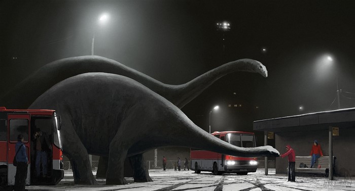 Dinosaurs at a bus stop at night