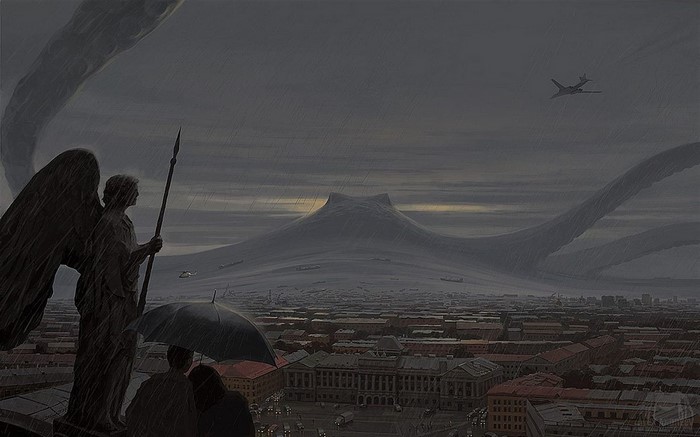 Angel statue overlooking a city during a surreal storm