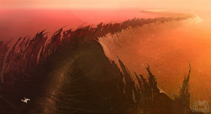 Alien landscape with a spacecraft at sunset