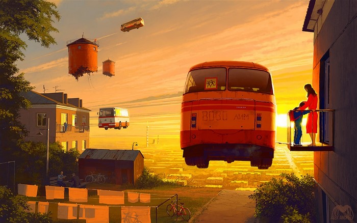 Surreal sunset with flying buses and water towers