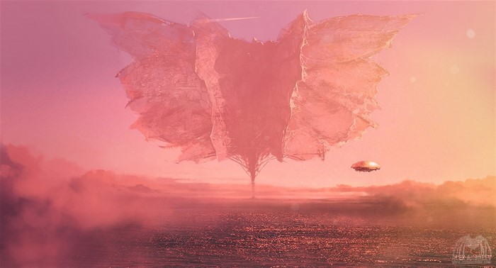 Surreal alien landscape with flying saucer and giant structure