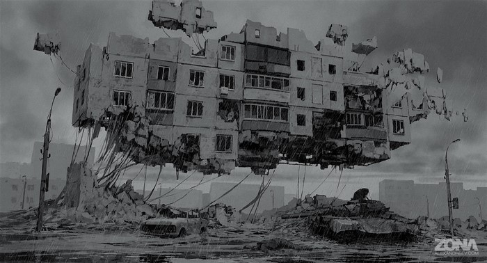 Surreal floating apartment building in a ruined city