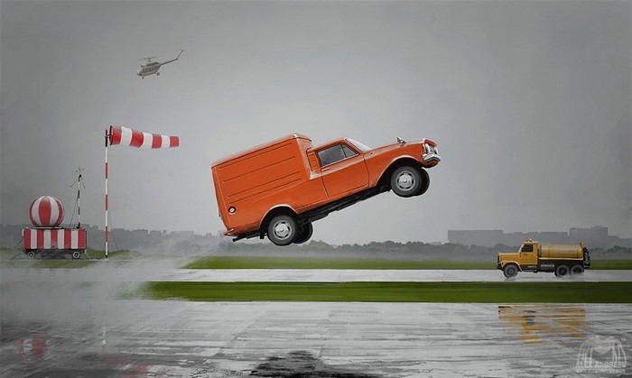 Surreal artwork of an orange van jumping on an airport runway