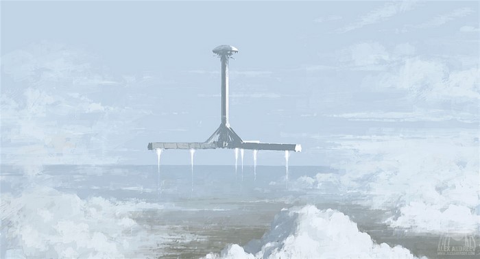 Surreal tower structure over the ocean and clouds