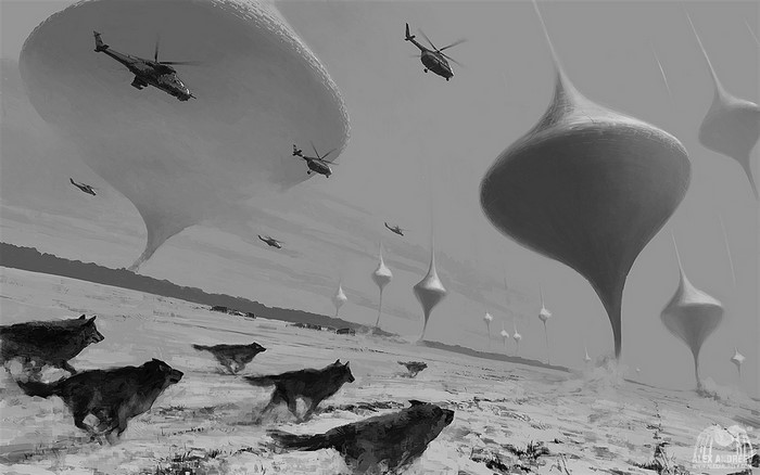 Helicopters and wolves in a surreal landscape