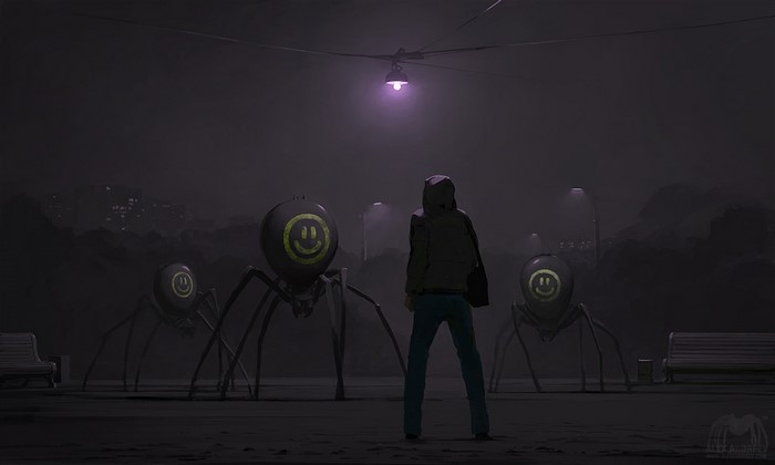 Person facing spider-like robots with smiley faces at night
