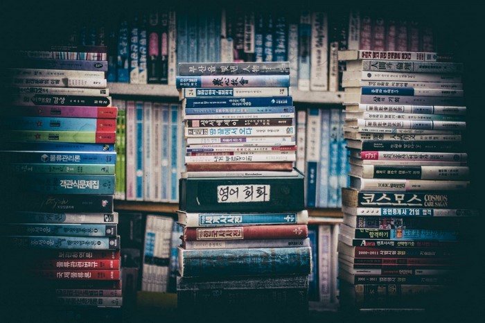 Stack of Korean books on shelves