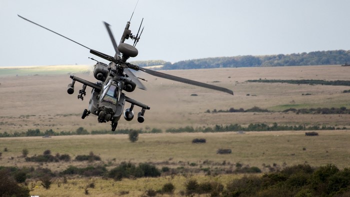 Boeing AH-64 Apache attack helicopter in flight