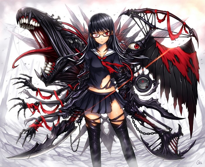 Anime girl with demonic wings and weapons