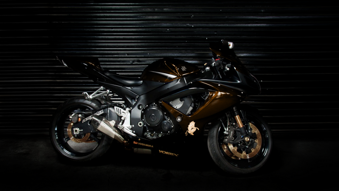 Suzuki GSX-R motorcycle with custom paint and exhaust