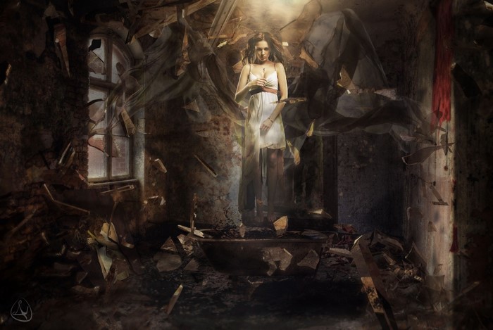 Woman in a white dress in a destroyed room