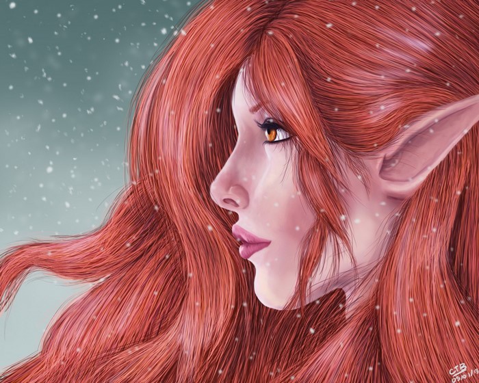 Elf girl with red hair in the snow