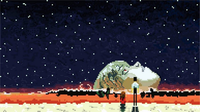 Pixel art of Neon Genesis Evangelion scene