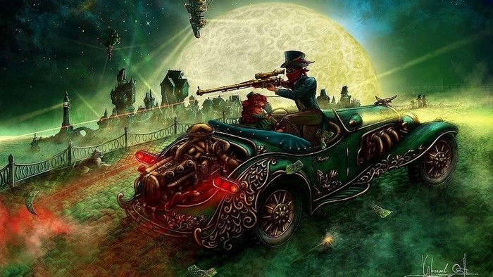 Steampunk Old Vehicle Under a Giant Moon