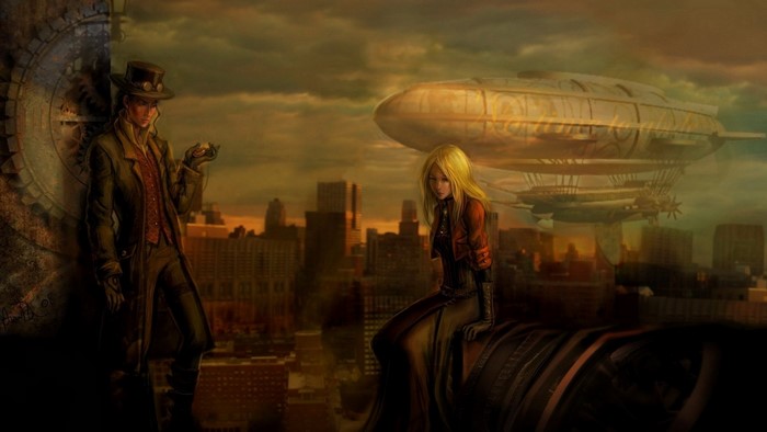 Steampunk couple overlooking a city with a blimp