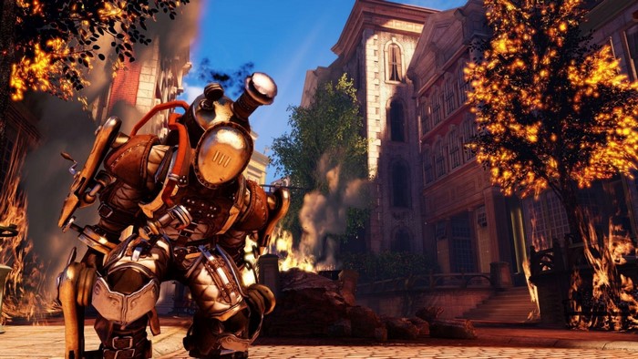 Robot from BioShock in a burning city