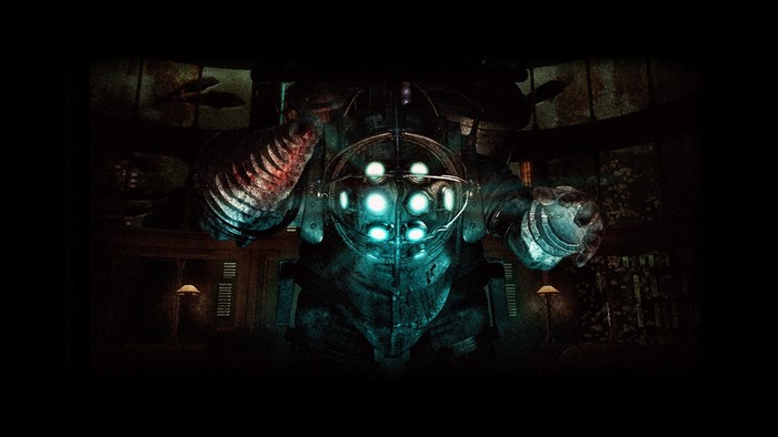 Big Daddy from BioShock in a dark room