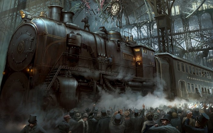Steampunk train in a station with a crowd