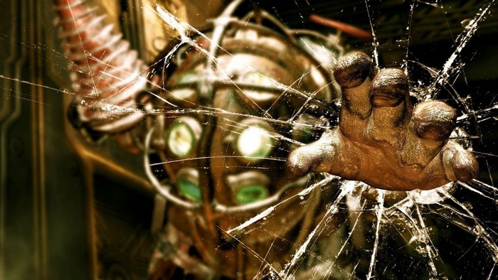 Big Daddy from BioShock breaking through glass