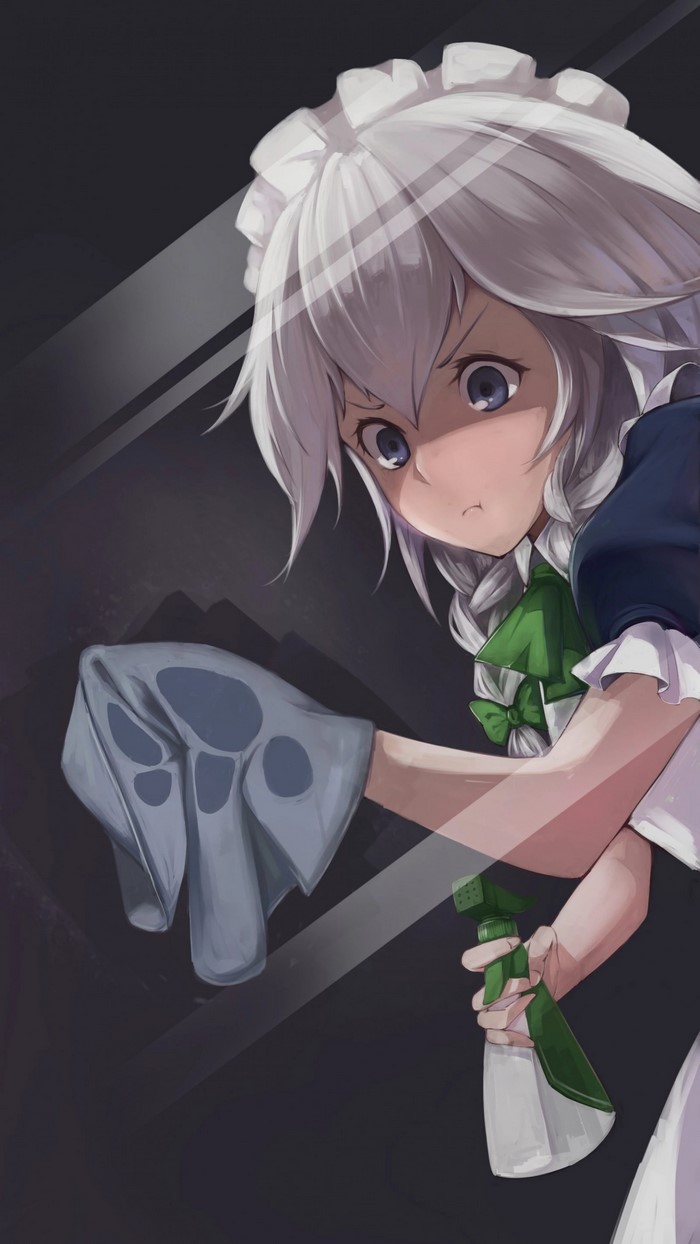 Izayoi Sakuya from Touhou cleaning a window