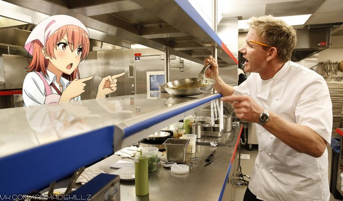 Yuigahama Yui and Gordon Ramsay in a kitchen