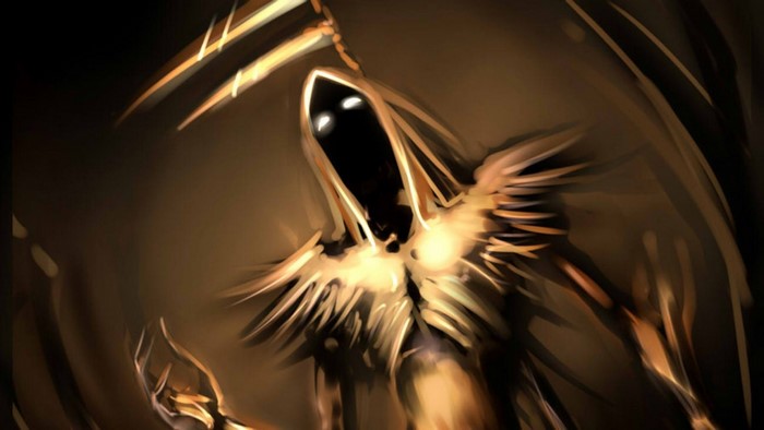 Grim Reaper with glowing wings and scythe