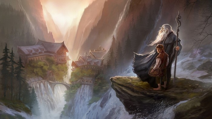 Gandalf and Bilbo Baggins overlooking Rivendell
