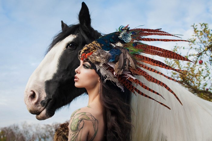 Woman with Feather Headdress and Horse