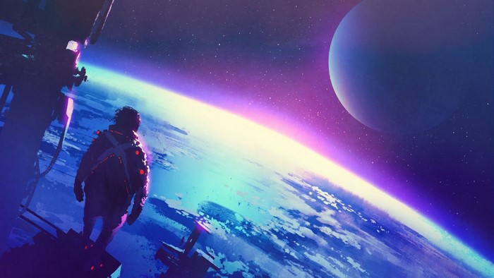 Astronaut Standing Above Earth in Outer Space