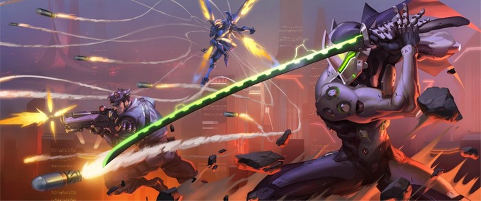 Genji and Soldier: 76 from Overwatch in battle