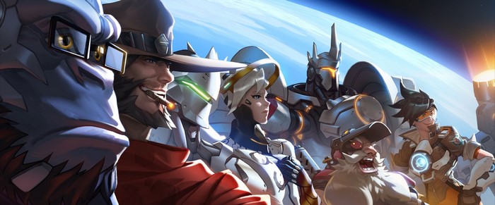 Overwatch characters in front of Earth