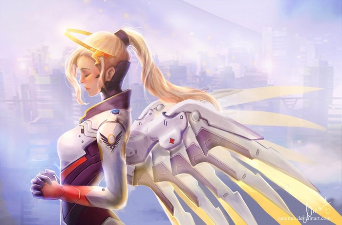 Mercy from Overwatch praying with wings