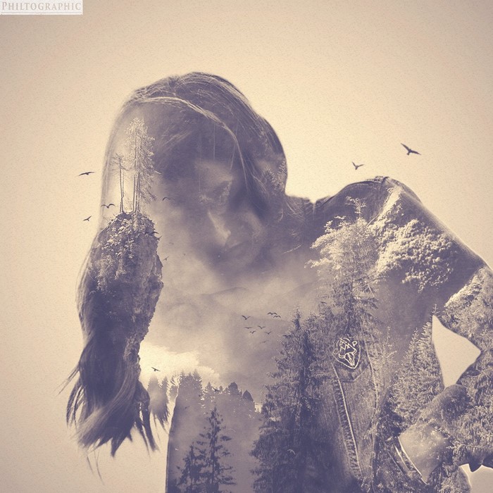 Double exposure portrait of a woman with a forest landscape