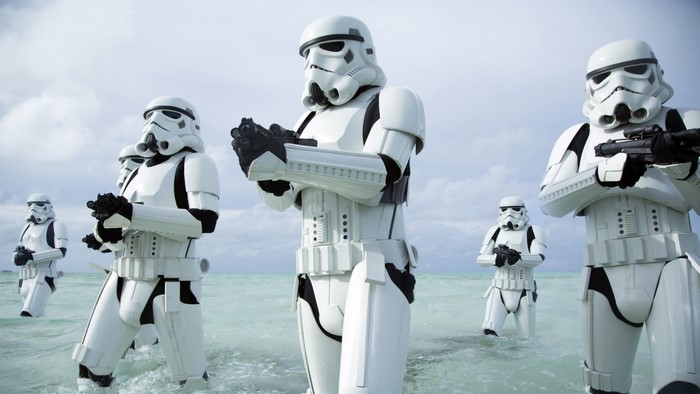 Stormtroopers from Star Wars standing in the ocean