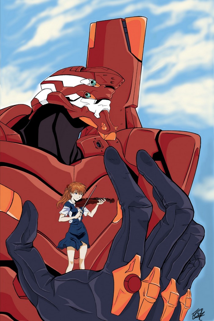 Asuka Langley Soryu playing violin with EVA Unit 02