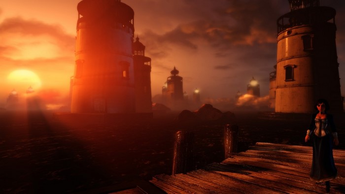 Elizabeth from BioShock Infinite: Burial at Sea on a dock with lighthouses