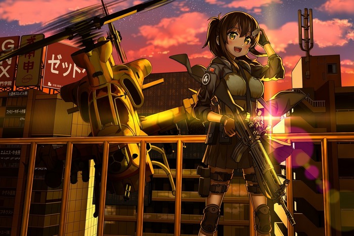 Anime girl with assault rifle and helicopter at sunset