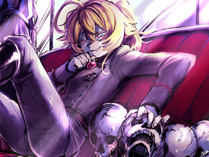 Tanya Degurechaff from Youjo Senki sitting on skulls