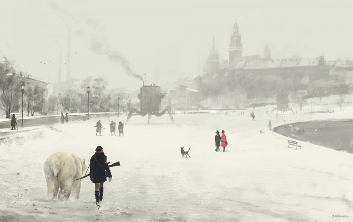 Girl with polar bear and steampunk walker in snowy city