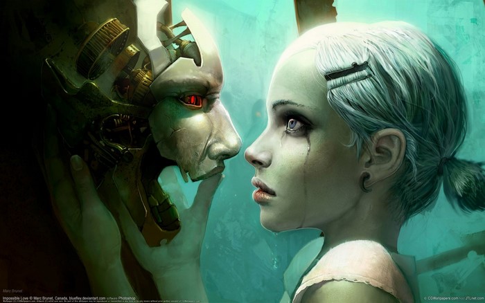 Cyborg and crying girl in green light