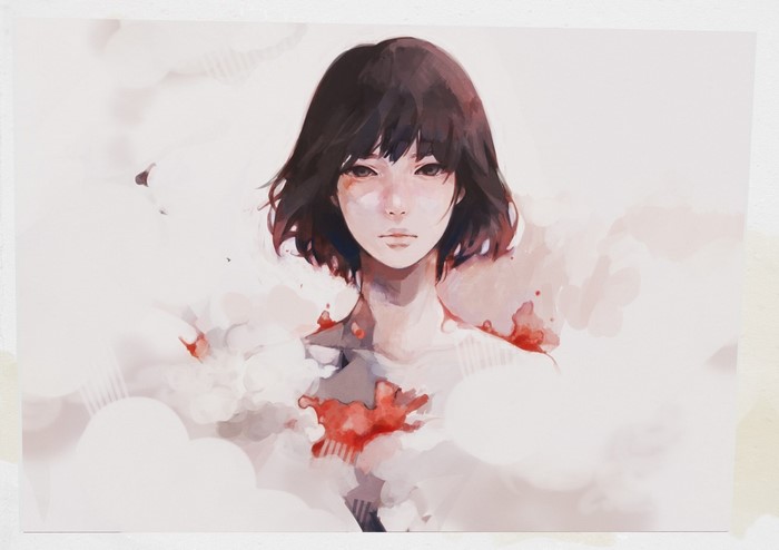 Anime girl with short dark hair and red blood splatters